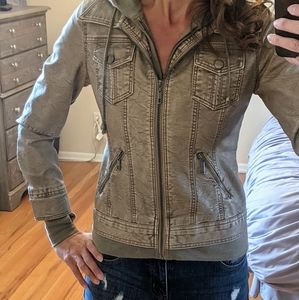 Coalition LA Faux Leather Khaki Motorcycle Jacket with hoodie. Size XS.